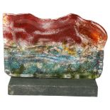 A contemporary multi-colour glass abstract sculpture on slate base, unsigned, sculpture length 26cm,