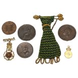 An Antique miser's purse, together with 2 decorative medallions and coins etc