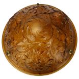 A French amber glass plafonnier, relief moulded floral design, original buttons, new cords and