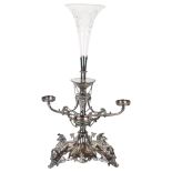 A Sheffield electroplate table centre epergne, circa 1900, central cut-glass trumpet-shaped vase