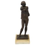 Patinated bronze sculpture, girl undressing, signed with monogram KC97, white marble base, height