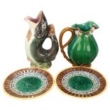 Minton Lily pattern water jug, height 22cm, a Majolica pottery gurgle fish jug, and pair of Wedgwood