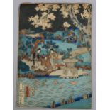 19th century Japanese School, group of women in a landscape, woodblock print, 36cm x 25cm,