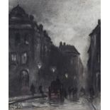 George Sheffield (1839 - 1892), moonlit street scene, charcoal on paper, signed with monogram