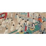Japanese School, colour print, bathing house scene, image 21cm x 44cm, mounted Image is in good