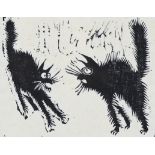 Rod Nelson, angry cats 1992, woodblock print on handmade paper, signed in pencil, sheet size 19cm