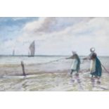 Hutton Mitchell (1872 - 1939), Dutch fishergirls at the beach, watercolour, signed, 36cm x 53cm,