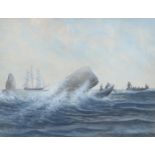 19th century whaling scene, watercolour/gouache, unsigned, 25cm x 35cm, framed Good condition