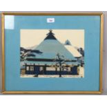 Taizo Minagawa (1917 - 1975), farmhouse in winter, colour woodblock print, 25cm x 33cm, framed Light