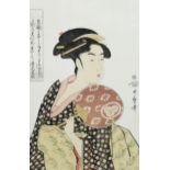 Kitagawa Utamaro (1753 - 1806), woman with a circular fan, woodblock print with silvering, 37cm x