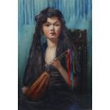 Early Twentieth Century British, watercolour on paper, Girl with Mandolin, 35cm x 25cm, signature