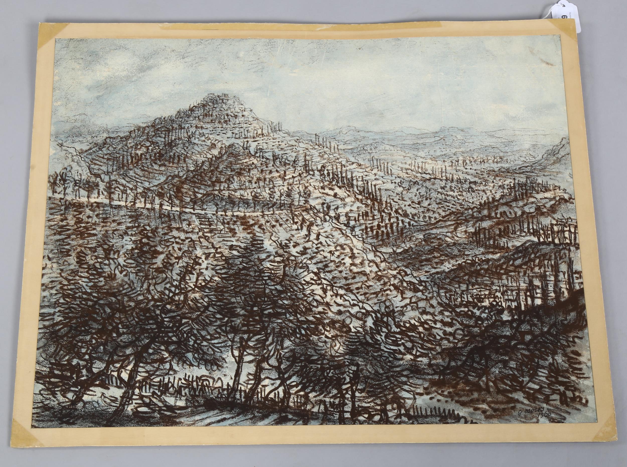 Gerald Ososki, Tuscany landscape, crayon/pastel on card, exhibited at the RBA 1960, signed, 47cm x