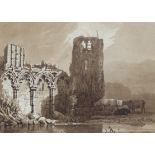 Samuel Prout (1783 - 1852), cattle by church ruins, sepia watercolour, signed with monogram, 19cm