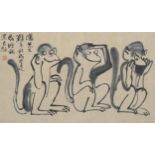20th century Chinese School, study of 3 monkeys, colour print, image 35cm x 61cm, framed Image in