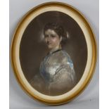 19th century portrait of a woman, coloured pastels on brown paper, indistinctly signed, 32cm x 26cm,