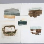 J Cooper, folder of coloured etchings, stylised farm landscapes, 5 signed in pencil (13)