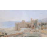 Circle of William Turner, Manorbier Castle, 19th century watercolour, unsigned, 20cm x 34cm,