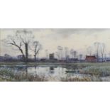 Robert Winchester Fraser, river scene, Moulsey, watercolour, signed, 18cm x 35cm, framed Some