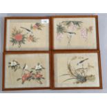 4 various Chinese watercolours on silk, birds and blossom, overall frame dimensions 18cm x 23cm