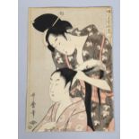 After Kitagawa Utamaro, Kami-Yui hairdresser, woodblock print with added snake monogram, 28cm x 18.