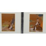 Pair of watercolours on brown paper, romantic scenes, indistinctly signed, 17cm x 12cm, framed