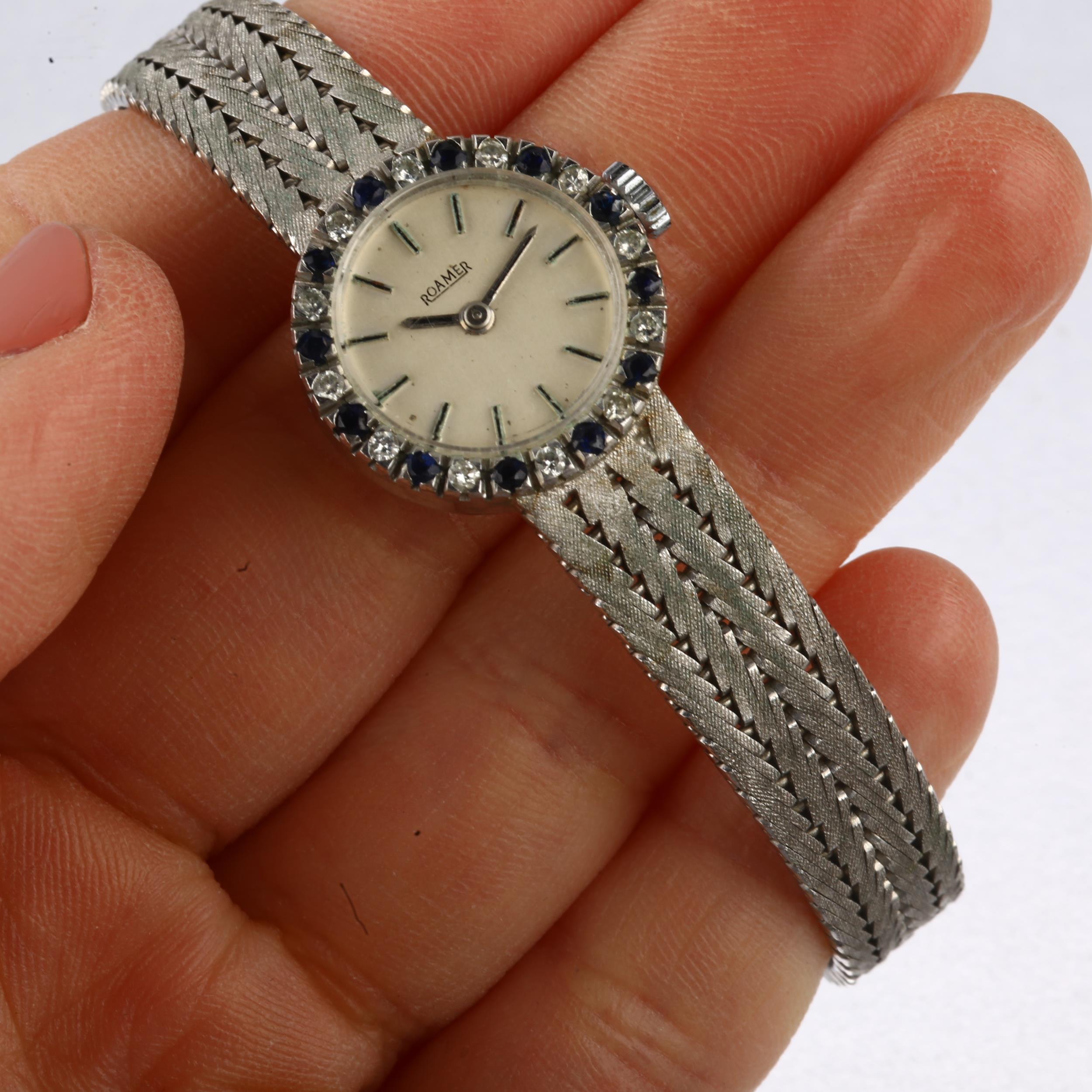 ROAMER - a lady's 9ct white gold sapphire and diamond mechanical cocktail bracelet watch, silvered - Image 5 of 5