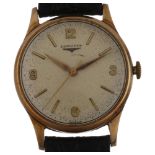 LONGINES - a 9ct gold mechanical wristwatch, ref. 13322, silvered dial with gilt quarterly Arabic