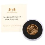 A Queen Elizabeth II 2015 United Kingdom gold uncirculated sovereign coin, 7.9g, case with