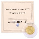 A John F Kennedy 2008 Treasures in Gold proof coin, limited edition of 989, diameter 13.5mm, 1.4g No