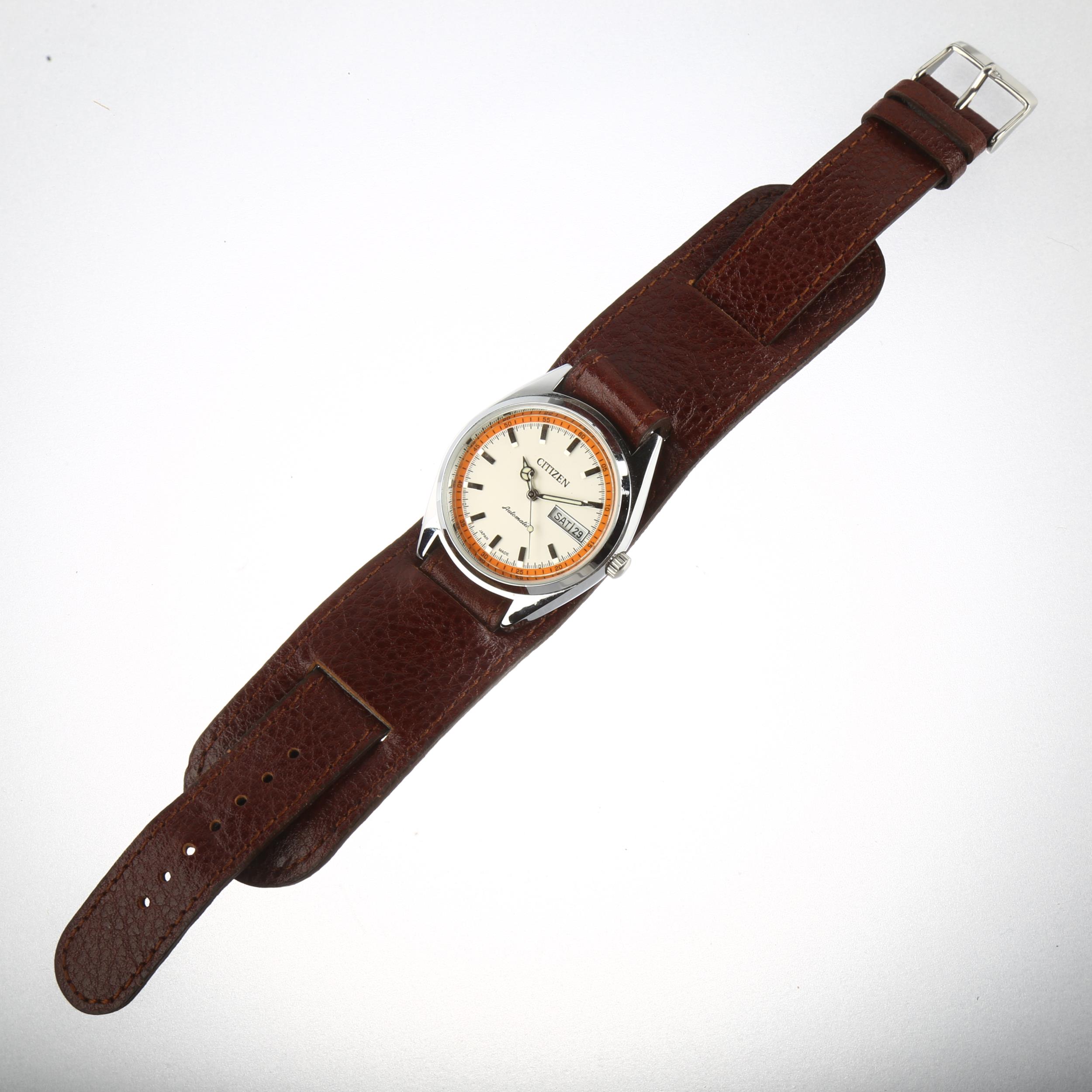 CITIZEN - a stainless steel automatic wristwatch, ref. 71-2591, orange and silvered dial with - Image 2 of 5