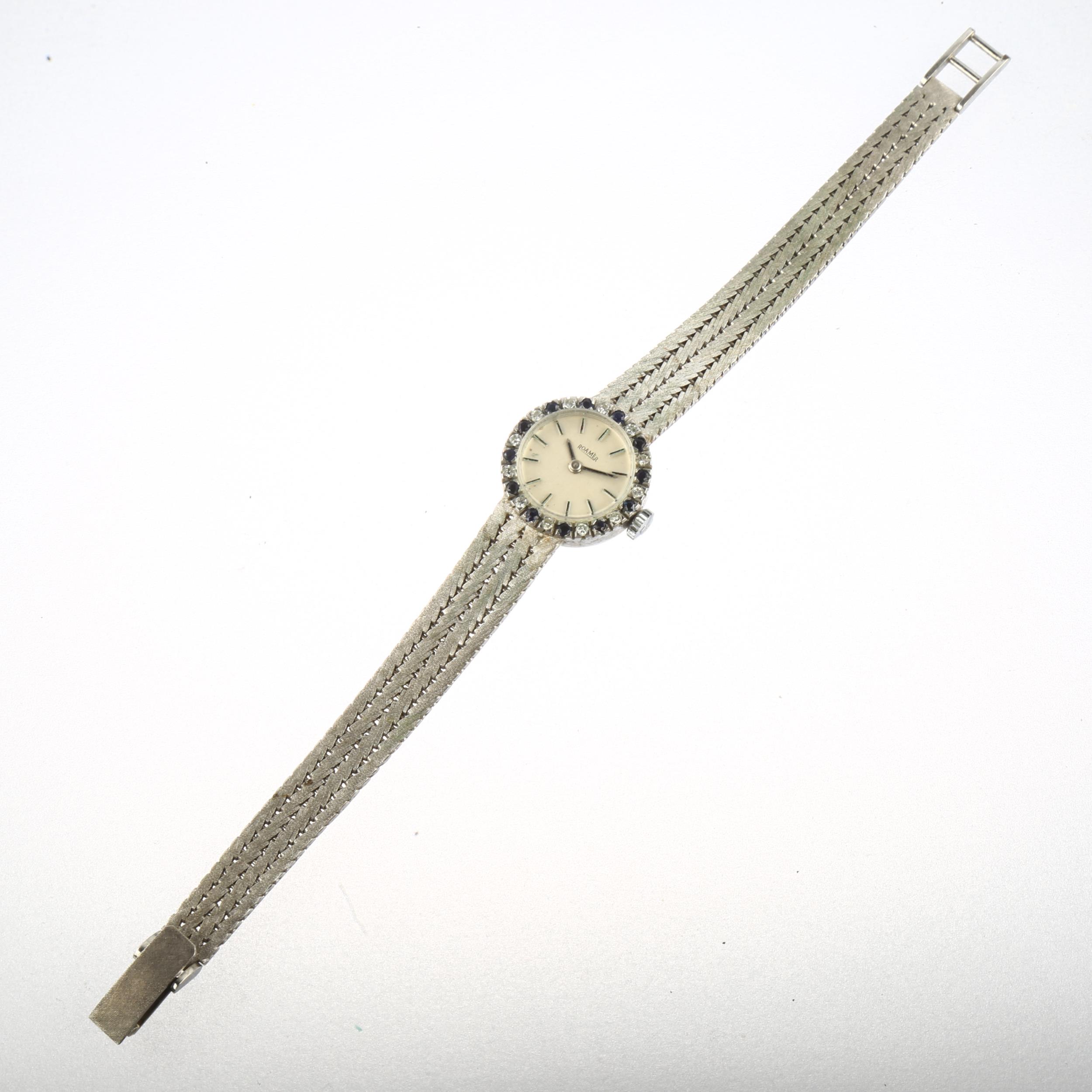 ROAMER - a lady's 9ct white gold sapphire and diamond mechanical cocktail bracelet watch, silvered - Image 2 of 5