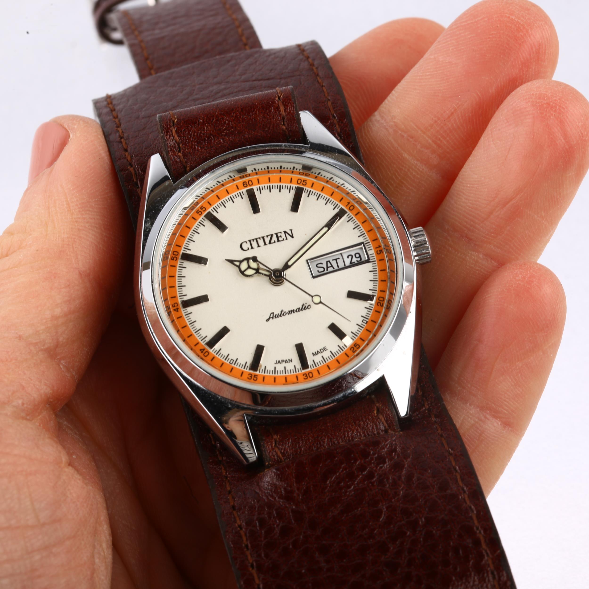 CITIZEN - a stainless steel automatic wristwatch, ref. 71-2591, orange and silvered dial with - Image 5 of 5