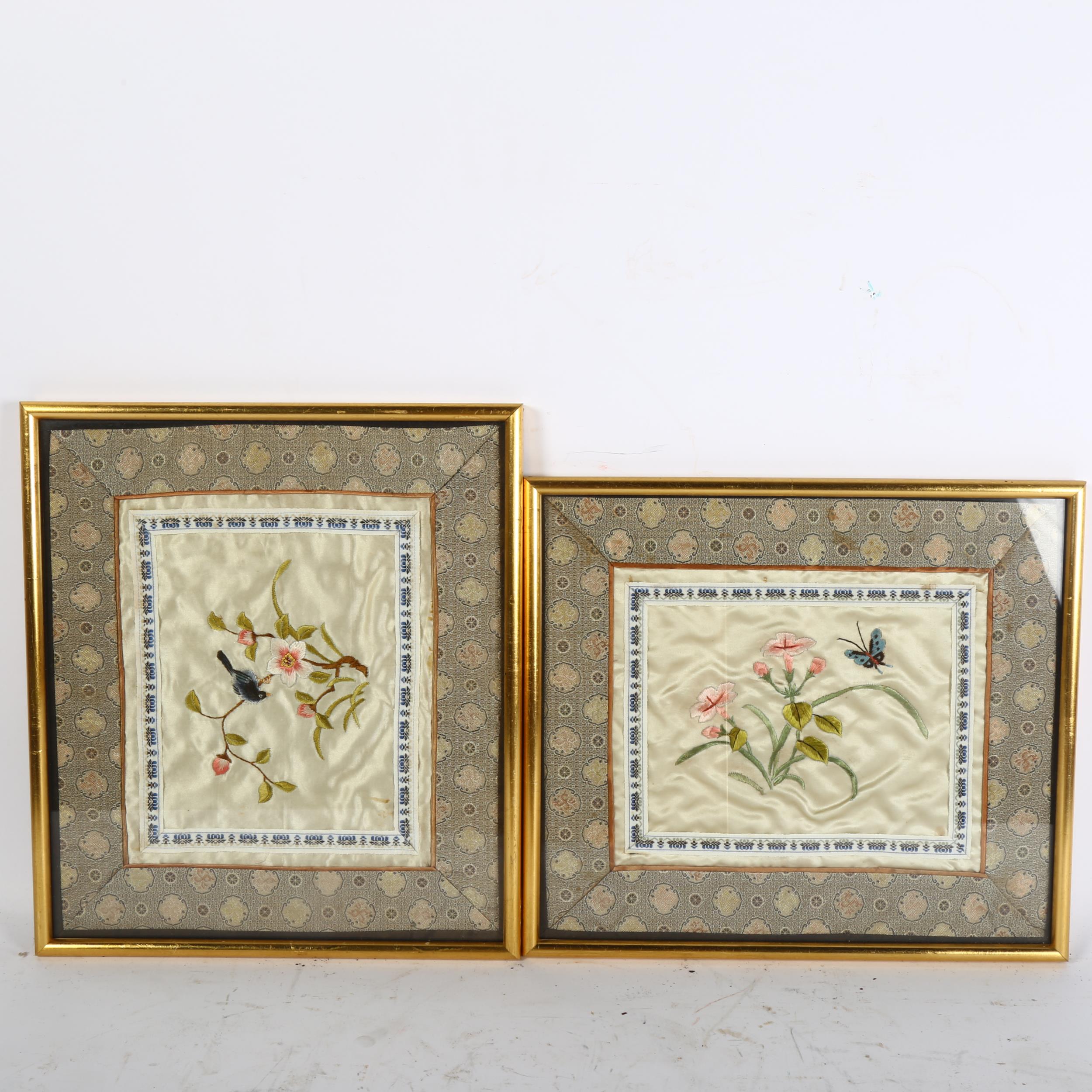 A group of 3 Chinese needlework on silk pictures, depicting birds flowers and butterfly, all framed - Image 2 of 2