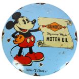A Walt Disney Sunco Mercury Made Motor Oil convex circular enamel sign, diameter 30cm