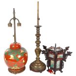 A cloisonne orange ground table lamp, height 60cm overall, a brass lamp base, and an Oriental