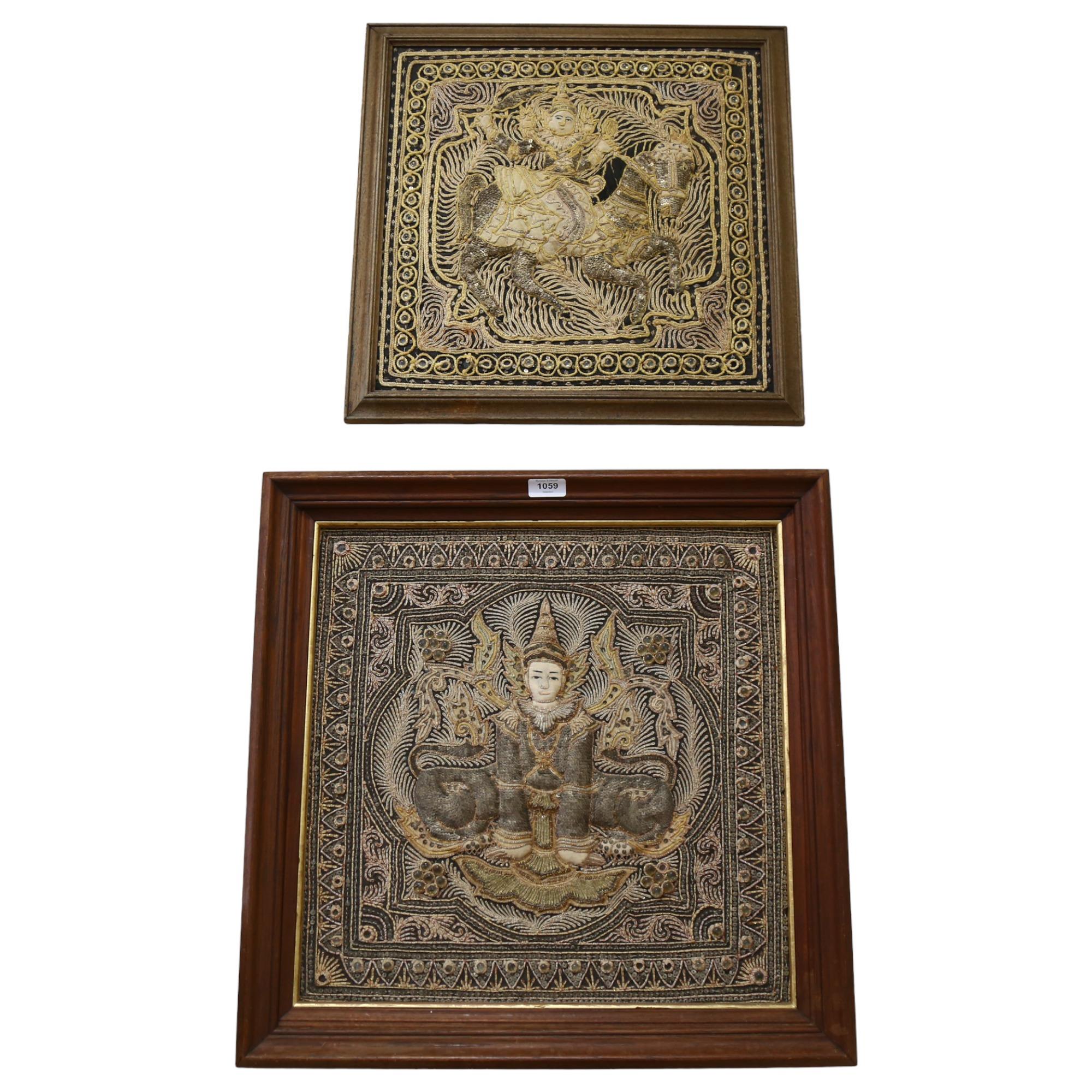 2 Burmese Kalaga tapestries, both framed, largest 58cm x 58cm