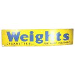 An early 20th century tin sign "Weights" Cigarettes For More Pleasure, length 147.5cm