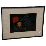 A Japanese black lacquer panel, depicting a still life of yellow and red roses, signed with seal