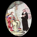 A 19th century oval handpainted enamel on copper panel, depicting Monarch and servant, length 9cm