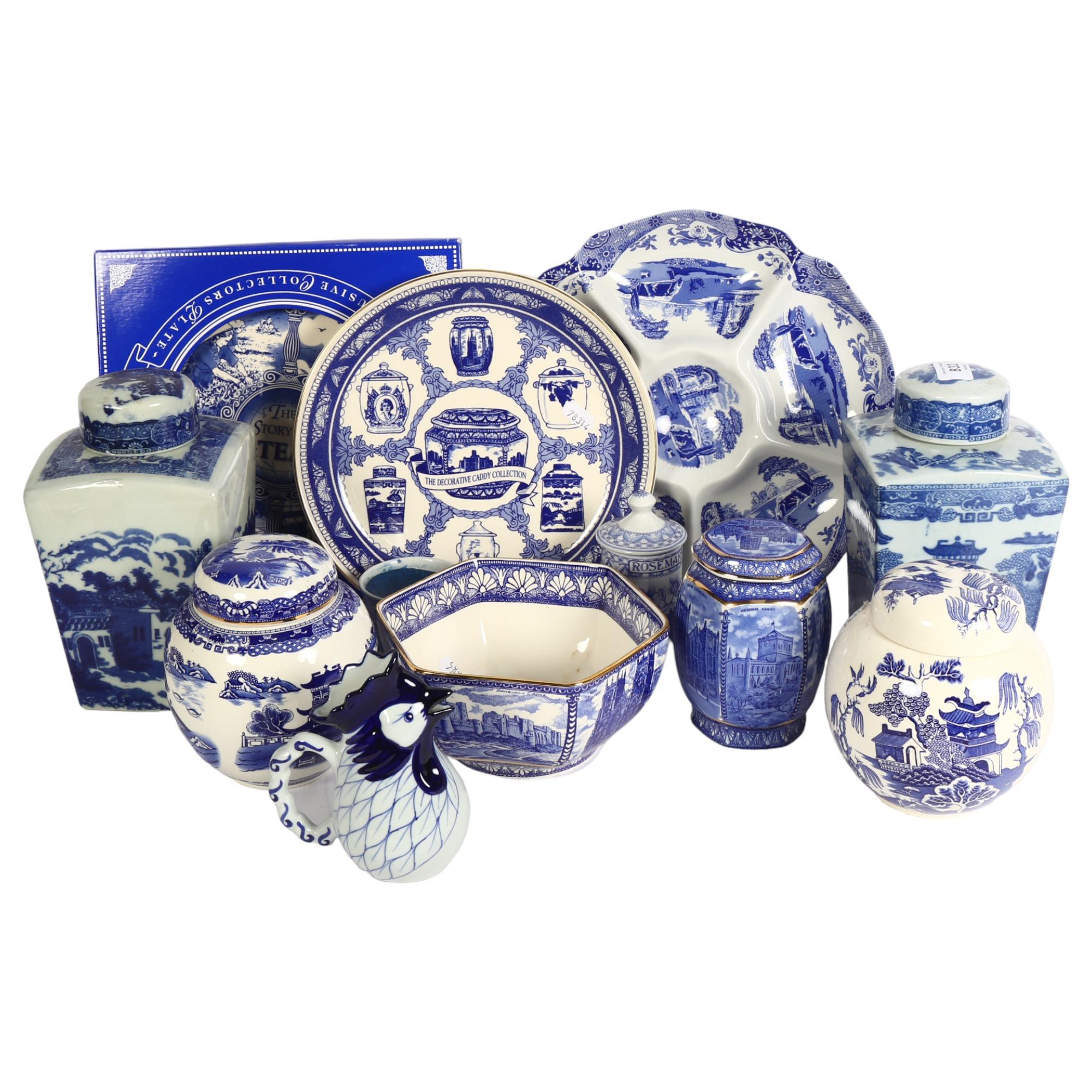 A pair of Ringtons blue and white transfer printed tea caddies, another, blue and white ginger