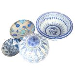 A modern Chinese blue and white bowl, diameter 36cm, jar and cover, pottery bowl, and another with
