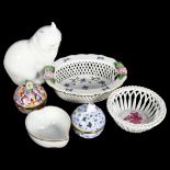 A group of Herend ornaments, including 2 basketweave bowls, 2 x 2-section boxes and covers, a