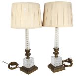 A pair of glass and painted metal table lamps and shades, height 67.5cm 1 fitted with a 3-pin