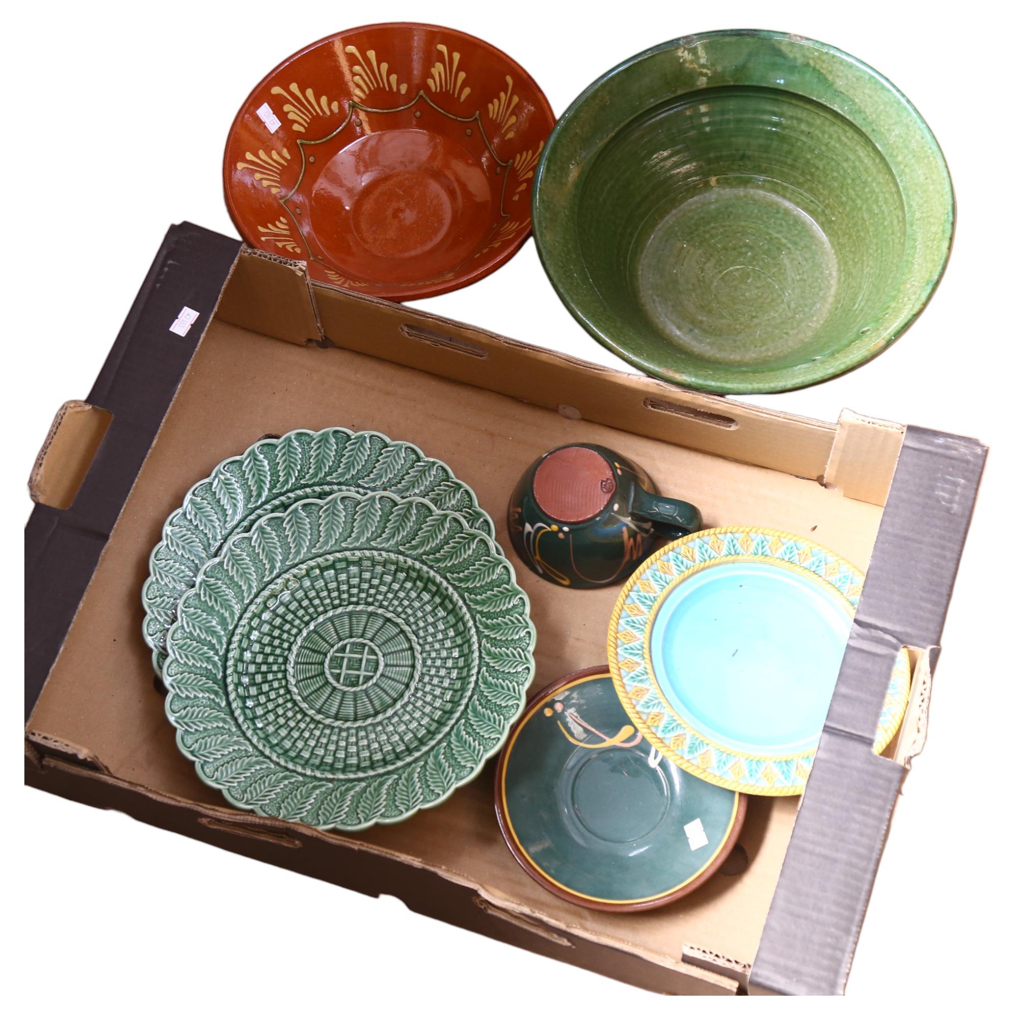 Studio pottery bowls, Majolica plates etc