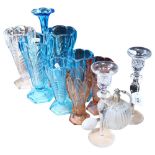 A group of 1930s and other moulded glass vases, blue Art glass vase, height 25cm, cut-crystal