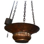 A 19th century copper boiling pot, with crane style bracket and lead counter-balance, drop from