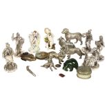 Royal Hampshire polished pewter figures, tallest 8cm, Naples porcelain figures, green stone bear,