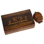A 19th century Italian marquetry box, with Classical scene, and a carved coquilla nut with pierced