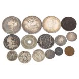Various coins, including George II 1758 sixpence, Charles II 1683 crown, French coin dog tag etc