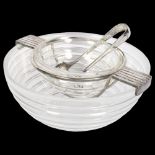 Riedel Glass, a mid-century ribbed glass caviar bowl, with silver plated mounts and tongs,